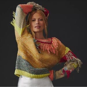 Anthropologie Fringed Colorblock Sweater